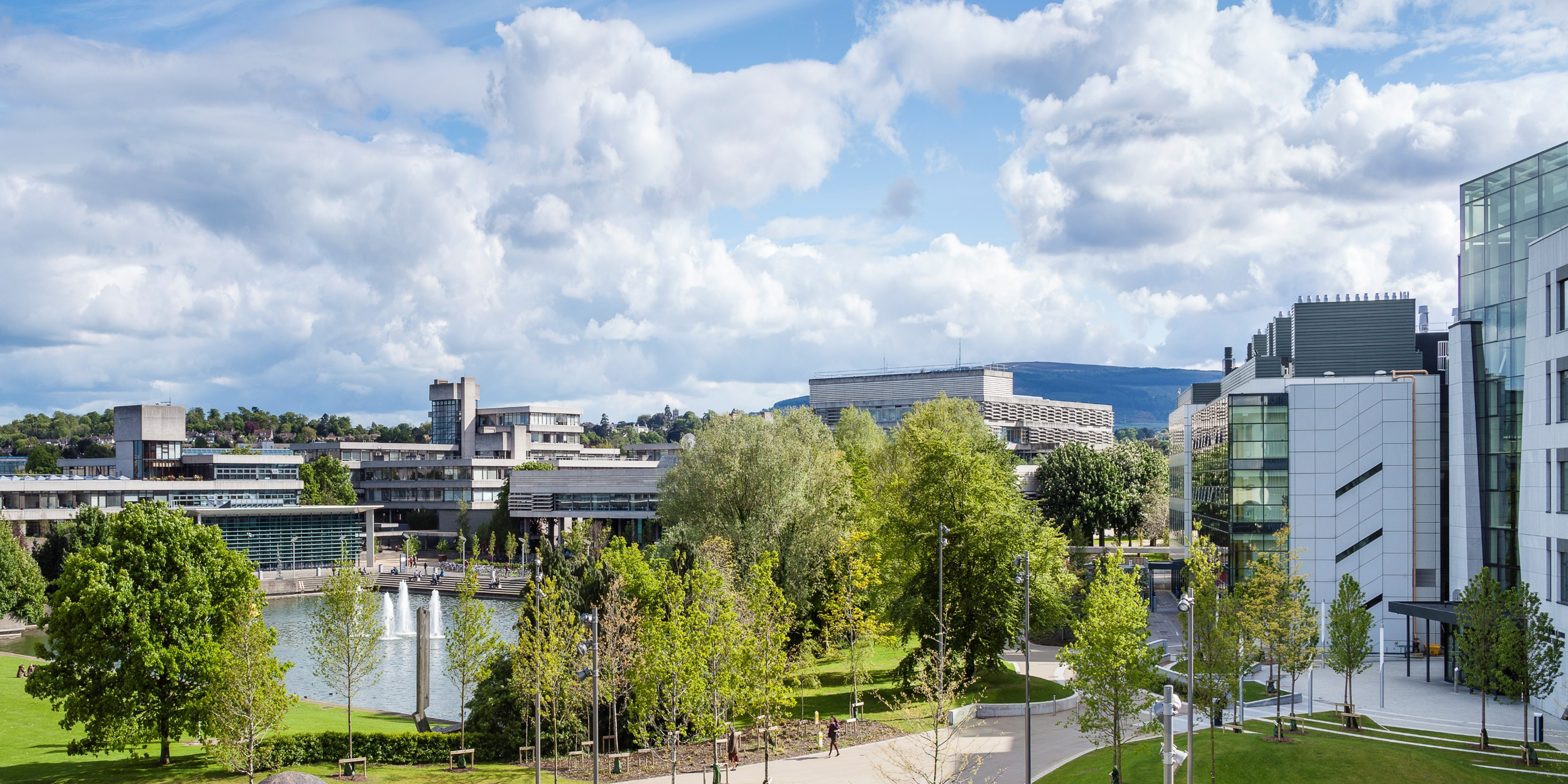 Buildings, trees, lake